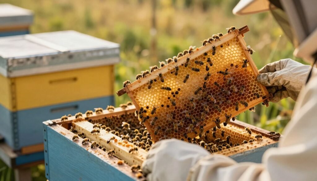 A close-up view of a honey bee colony with honey supers being added, showcasing the delicate bees busily working. In the foreground, a beekeeper in professional attire carefully handles the frames, illustrating the risks of improper supering, such as overcrowding and stress to the bees. The middle ground contains several honey supers stacked, with some frames partially drawn, displaying honey in different stages of capping. The background features a grassy field under warm, golden sunlight, creating a tranquil yet slightly tense atmosphere, reflecting the urgency and potential hazards. The composition should have a soft focus on the background for depth, while emphasizing the detailed textures of the bees and supers in sharp clarity.
