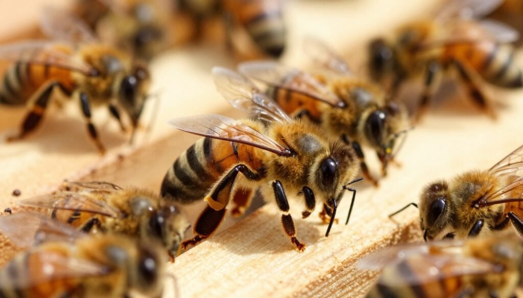 A close-up view of a honey bee demonstrating hygienic behavior, meticulously cleaning its legs and antennae in a sunlit bee colony. In the foreground, focus on the bee with intricate details on its fuzzy body and delicate wings, highlighting the shining pollen grains stuck to it. The middle ground reveals other bees engaged in similar grooming actions, emphasizing their teamwork in hygiene. The background features wooden beehive frames with a soft, blurred effect to maintain focus on the bees. The lighting should be warm and natural, creating a lively atmosphere filled with gentle, golden rays. Capture the essence of cleanliness and health within the hive, showcasing the vital role of hygienic behavior in preventing disease.
