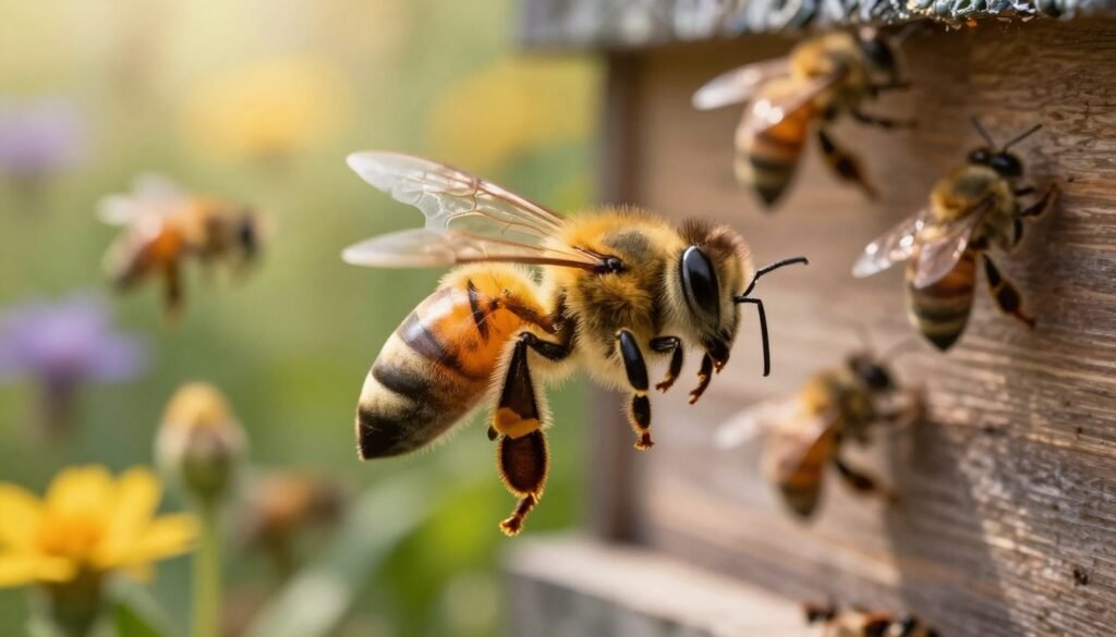 A close-up view of a honey bee emitting alarm pheromones, with its body detailed and fuzzy, showcasing its yellow and black striped pattern. The foreground features the bee prominently, wings slightly spread, surrounded by a subtle haze representing the pheromone's influence. In the middle ground, a blurred beehive can be seen, with bees in motion, illustrating a bustling environment. The background features a soft focus of a lush garden, with vibrant flowers that attract bees, under a golden sunlight filtering through leaves, creating a warm and active atmosphere. The image captures the urgency and alertness of bees in response to intrusions, conveying a sense of harmony amid nature’s buzz.