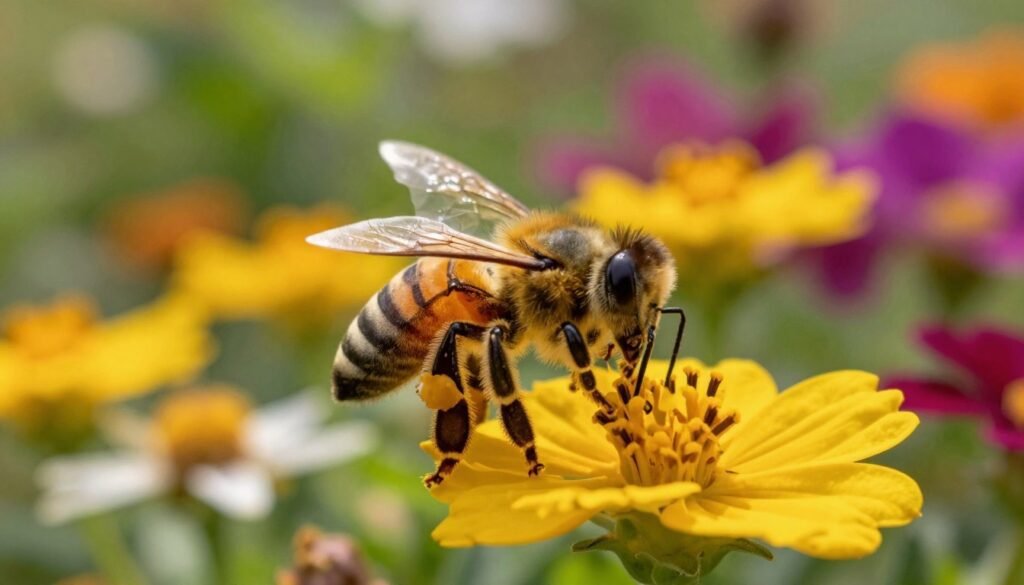 A close-up view of a honey bee expertly navigating through a lush garden filled with vibrant flowers, capturing the delicate interplay of environmental cues. In the foreground, the bee is detailed with intricate patterns on its wings and body, gently landing on a bright blossom, with pollen grains visibly adhering to its legs. The middle ground features an array of diverse flowers bathed in soft, warm sunlight, creating a sense of life and vibrancy. In the background, blurred greenery suggests a thriving ecosystem, enhancing the bee's role in brood regulation. The image exemplifies an inviting and nurturing atmosphere, highlighting the significance of environmental signals in beekeeping. The lighting is natural and soft, emphasizing the bee's meticulous motion.