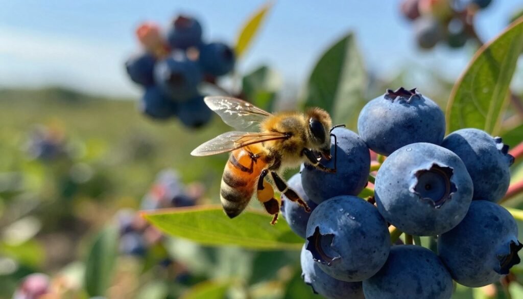 A close-up view of a honey bee foraging near vibrant clusters of blueberry flowers, showcasing its delicate wings glistening in the sunlight. The foreground captures the bee in sharp focus, revealing intricate details of its furry body and translucent wings. The middle ground is filled with richly colored blueberry blooms, their petals gently swaying in a light breeze, while soft green leaves create a natural frame. In the background, a soft-focus landscape of more blueberry bushes and a clear blue sky enhances the scene. The lighting is warm and inviting, suggesting a sunny afternoon. The mood is one of tranquility and natural harmony, emphasizing the crucial role of honey bees in pollination and the vitality of blueberry farming. A close-up view of a honey bee foraging near vibrant clusters of blueberry flowers, showcasing its delicate wings glistening in the sunlight. The foreground captures the bee in sharp focus, revealing intricate details of its furry body and translucent wings. The middle ground is filled with richly colored blueberry blooms, their petals gently swaying in a light breeze, while soft green leaves create a natural frame. In the background, a soft-focus landscape of more blueberry bushes and a clear blue sky enhances the scene. The lighting is warm and inviting, suggesting a sunny afternoon. The mood is one of tranquility and natural harmony, emphasizing the crucial role of honey bees in pollination and the vitality of blueberry farming.