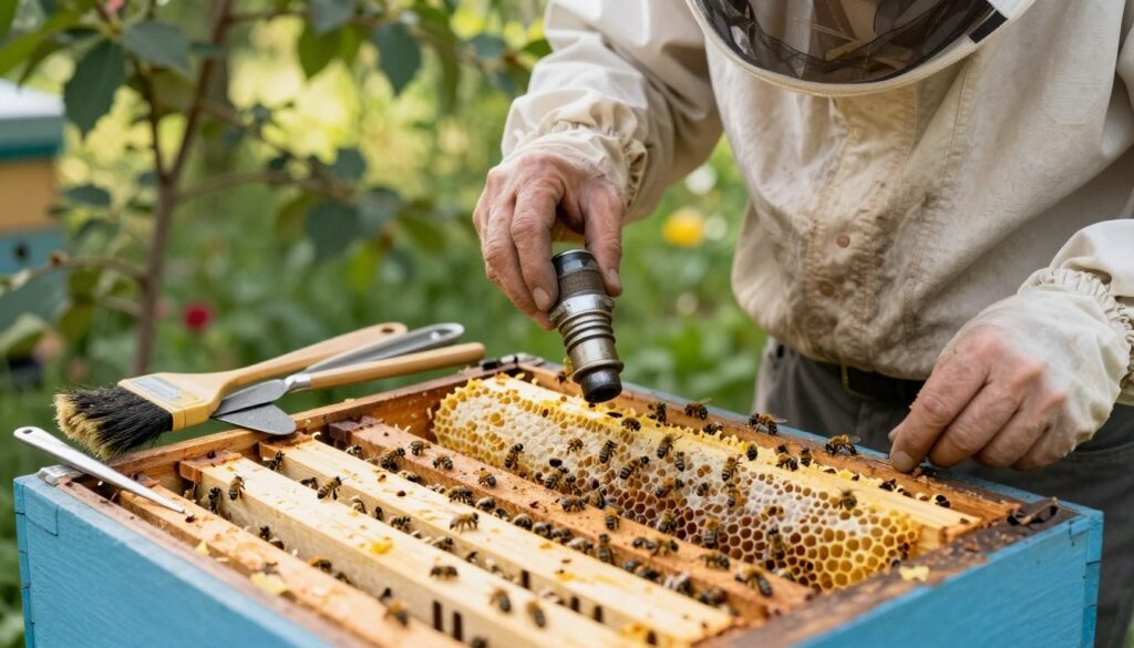 A close-up view of a honey bee hive during routine maintenance, showcasing a beekeeper in professional attire inspecting the frames. In the foreground, detailed frames with bees and honeycomb are visible, revealing some wax buildup and minor leaks at the joints. The middle ground features the beekeeper using a smoker for gentle calming of the bees, surrounded by tools for cleaning and maintenance like brushes, scrapers, and a small container for removed wax. The background displays a lush garden with soft, diffused sunlight filtering through the leaves, creating a peaceful atmosphere. The scene should emphasize the importance of maintenance in beekeeping, with a focus on clean, organized tools and a calm, methodical environment, captured with a shallow depth of field to highlight the subject matter.