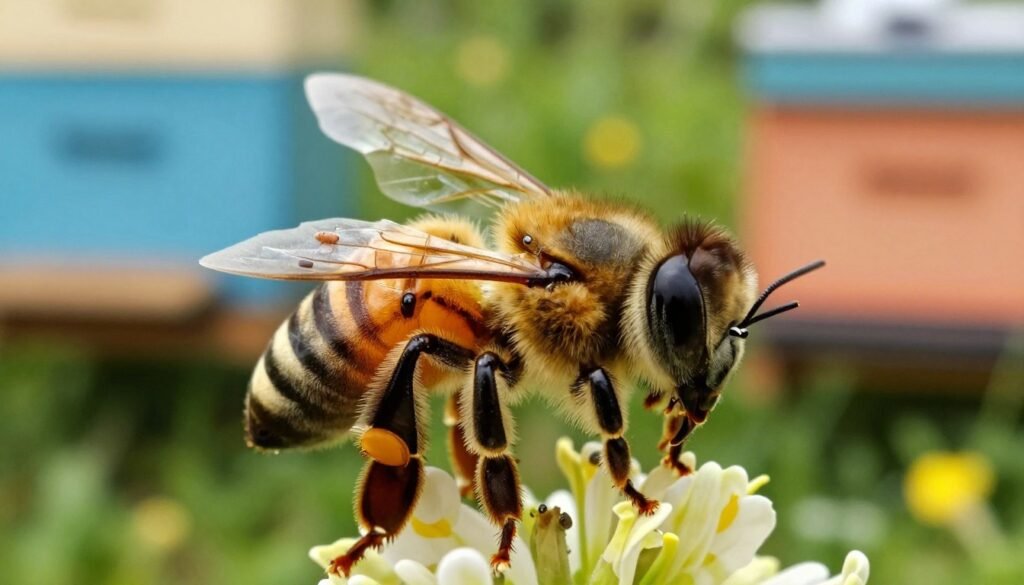 A close-up view of a honey bee in a natural setting, primarily focused on its thorax and head where tracheal mites may reside. The bee exhibits delicate details such as fine hairs and iridescent wings, with a few visible tiny mites clinging to its body for a clear illustration of the parasite. The background features a softly blurred hive filled with beekeeping equipment and flowers in varying shades of green, creating a vibrant yet calming atmosphere. Warm, natural lighting highlights the bee’s intricate anatomy, enhancing textures and colors. The composition is framed slightly from above to provide a clear perspective of the bee while maintaining an engaging depth of field. Overall, the mood is informative and scientific, emphasizing the importance of bee health and the impact of tracheal mites.