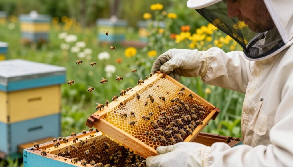 A close-up view of a honey bee monitoring scene in a well-maintained apiary, focusing on a professional beekeeper wearing a protective suit and veil, inspecting a vibrant, healthy hive brimming with busy bees. The foreground features the beekeeper's hands gently holding a frame filled with honeycomb, showcasing capped honey cells and active bees. In the middle, bees are seen flying around the hive, highlighting their social behavior. The background displays lush greenery and blooming flowers, creating a lively atmosphere under bright, soft sunlight. Capture this moment with a shallow depth of field to emphasize the beekeeper and the hive, while the vibrant colors evoke a sense of health and vitality, reinforcing best practices in bee management.