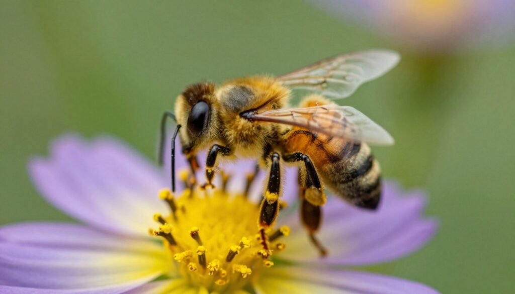 A close-up view of a honey bee on a vibrant flower, showcasing signs of oxidative stress. The bee should have visible physical markers, such as faded colors and slightly distorted wings, emphasizing its struggle. The foreground includes intricate details of the bee's legs covered in pollen, while the middle ground features the flower in full bloom, capturing bright yellows and purples. The background should be softly blurred to hint at a lush green meadow, creating a serene atmosphere. Use soft, natural lighting to illuminate the bee, enhancing its textures. The lens should evoke a macro feel, highlighting the delicate features of the bee and flower while maintaining a clear focus on the bee's expression of stress, conveying both beauty and fragility in nature.