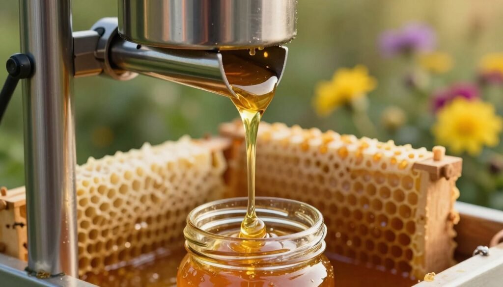 A close-up view of a honey extractor in action, with liquid gold honey flowing in a smooth, glistening stream from the spout. In the foreground, honey drips into a clean glass jar, showcasing its rich color and texture. The extractor's shiny, stainless steel surface reflects warm, ambient light, enhancing the golden hues of the honey. In the middle ground, beeswax frames are positioned against a backdrop of vibrant flowers to symbolize the source of honey. The background features soft-focus, natural lighting that creates a warm, inviting atmosphere, evoking the essence of beekeeping. The scene conveys a sense of serenity and precision in the honey extraction process, emphasizing the craftsmanship involved. A close-up view of a honey extractor in action, with liquid gold honey flowing in a smooth, glistening stream from the spout. In the foreground, honey drips into a clean glass jar, showcasing its rich color and texture. The extractor's shiny, stainless steel surface reflects warm, ambient light, enhancing the golden hues of the honey. In the middle ground, beeswax frames are positioned against a backdrop of vibrant flowers to symbolize the source of honey. The background features soft-focus, natural lighting that creates a warm, inviting atmosphere, evoking the essence of beekeeping. The scene conveys a sense of serenity and precision in the honey extraction process, emphasizing the craftsmanship involved.