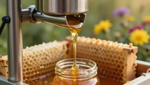 A close-up view of a honey extractor in action, with liquid gold honey flowing in a smooth, glistening stream from the spout