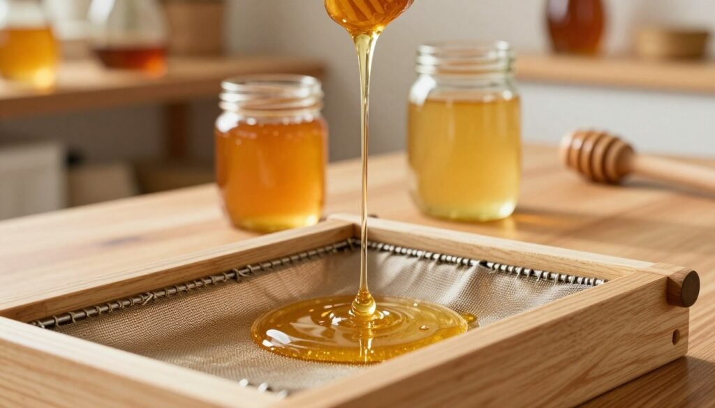 A close-up view of a honey filter set on a wooden countertop, showcasing the fine mesh and its intricate details. In the foreground, droplets of golden honey glisten as they drip through the filter, emphasizing the texture and purity of the substance. In the middle ground, jars of coarse and fine-strained honey sit side by side, with subtle differences in clarity and color. The background features soft-focused wooden shelves lined with honey-related tools, creating an artisan atmosphere. Natural, warm lighting floods the scene, casting gentle shadows and enhancing the golden hues of the honey. The overall mood is inviting and informative, capturing the essence of traditional honey processing methods.