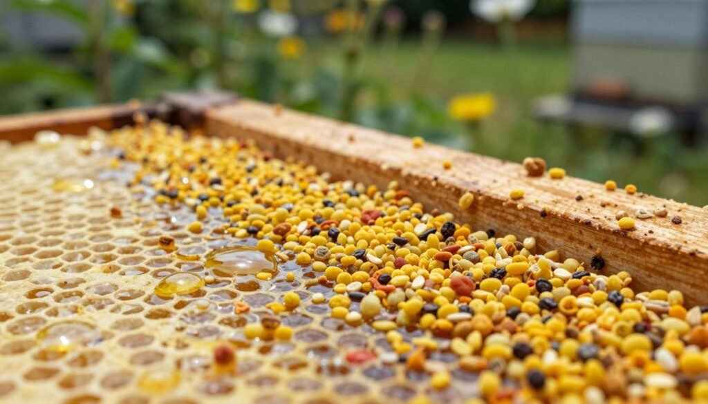 A close-up view of a honey frame, showcasing vibrant clumps of golden pollen and sticky honey residue. In the foreground, glistening droplets of honey are interspersed with colorful pollen grains, reflecting soft sunlight that highlights their textures. The middle ground features the wooden frame of the beehive, slightly weathered, with visible cells filled with a mixture of honey and pollen. In the background, a blurred garden setting is filled with soft green foliage and flowers, creating a serene atmosphere. The image is captured with a macro lens, emphasizing details and clarity, while maintaining a warm, inviting mood that evokes the essence of natural beekeeping and the importance of managing pollen and honey residue effectively.