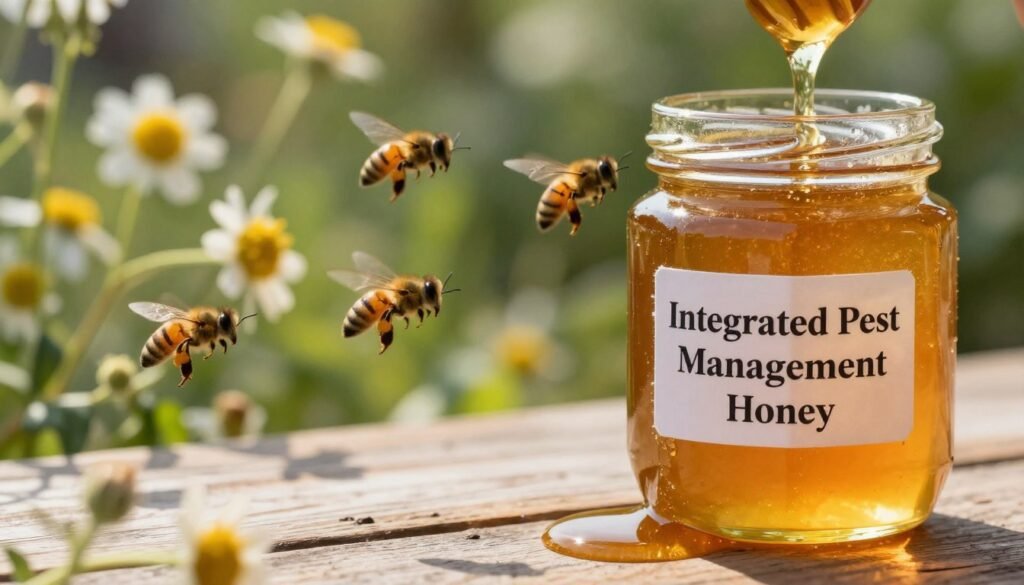 A close-up view of a honey jar labeled "Integrated Pest Management Honey" placed on a rustic wooden table. In the foreground, vibrant honey drips from the jar, catching the warm sunlight, creating a golden glow. In the middle ground, a few bees are seen gently hovering, showcasing their role in pollination; they’re collecting nectar among delicate wildflowers, representing a healthy ecosystem. The background features softly blurred greenery and blooming flowers, symbolizing a thriving garden during heightened nectar flow. The image is bathed in soft, natural lighting, evoking a tranquil and harmonious atmosphere while highlighting the connection between honey production and integrated pest management practices. No human subjects present. A close-up view of a honey jar labeled "Integrated Pest Management Honey" placed on a rustic wooden table. In the foreground, vibrant honey drips from the jar, catching the warm sunlight, creating a golden glow. In the middle ground, a few bees are seen gently hovering, showcasing their role in pollination; they’re collecting nectar among delicate wildflowers, representing a healthy ecosystem. The background features softly blurred greenery and blooming flowers, symbolizing a thriving garden during heightened nectar flow. The image is bathed in soft, natural lighting, evoking a tranquil and harmonious atmosphere while highlighting the connection between honey production and integrated pest management practices. No human subjects present.