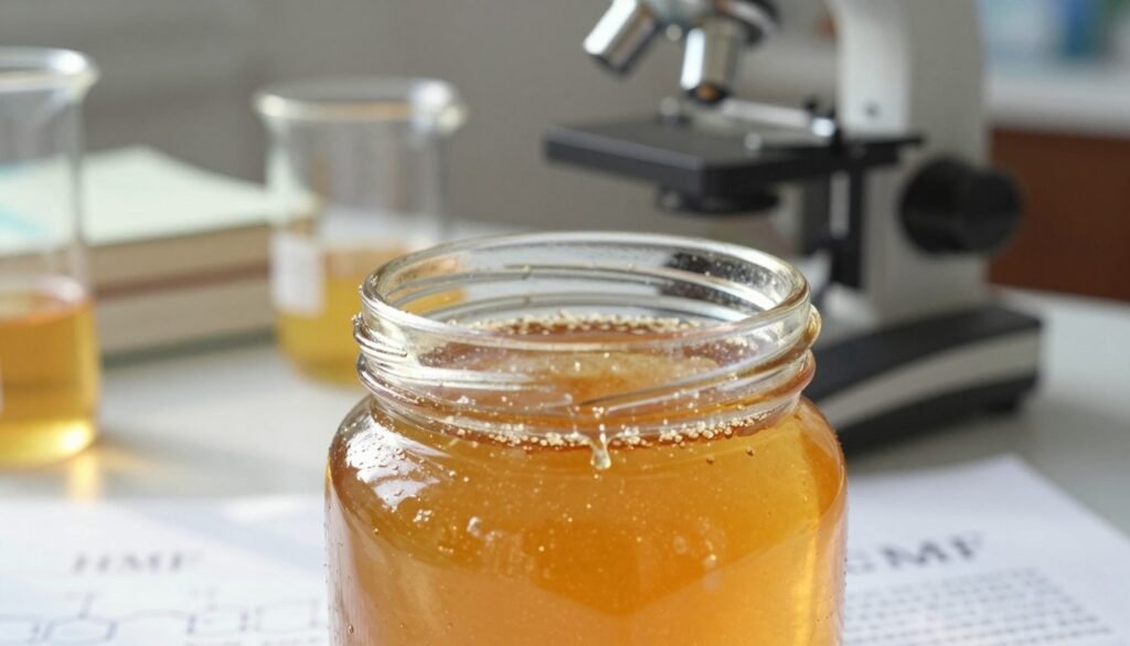 A close-up view of a honey jar showcasing the process of HMF (hydroxymethylfurfural) formation. In the foreground, the jar is filled with golden honey, reflecting sunlight with a warm glow. The honey has small crystals forming at the edges, symbolizing aging. The middle ground features laboratory equipment like a microscope and glass beakers, representing scientific analysis, with a gentle focus on the equipment. In the background, soft-focus books and scientific papers about honey chemistry create a scholarly atmosphere. The lighting is bright and natural, emphasizing the golden hues of the honey while casting subtle shadows. The overall mood is analytical yet inviting, conveying the complexity of HMF formation in a clear and engaging way.