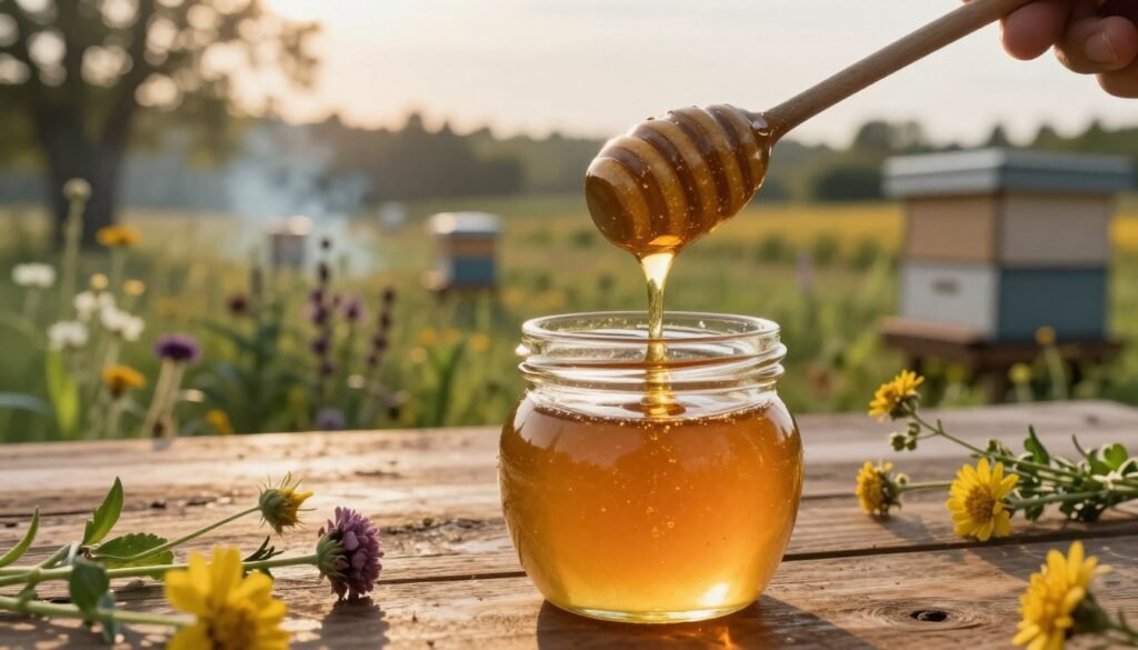 A close-up view of a honey jar sitting on a rustic wooden table, surrounded by natural elements like wildflowers and herbs to emphasize the role of environmental conditions in flavor. In the foreground, a spoon drizzles golden honey over the jar, with tiny droplets catching the light, reflecting a warm, inviting glow. In the middle ground, a lush landscape displays a variety of plants, flowers, and trees, showcasing diverse environments such as smokey burnt wood or beekeeping hives, fading into a hazy, soft-focus background. The lighting is warm and golden, reminiscent of a late afternoon, enhancing the organic feel of the scene. The overall mood is serene and earthy, inviting viewers to appreciate the beauty and complexity of honey’s smoky flavor influenced by its surroundings. A close-up view of a honey jar sitting on a rustic wooden table, surrounded by natural elements like wildflowers and herbs to emphasize the role of environmental conditions in flavor. In the foreground, a spoon drizzles golden honey over the jar, with tiny droplets catching the light, reflecting a warm, inviting glow. In the middle ground, a lush landscape displays a variety of plants, flowers, and trees, showcasing diverse environments such as smokey burnt wood or beekeeping hives, fading into a hazy, soft-focus background. The lighting is warm and golden, reminiscent of a late afternoon, enhancing the organic feel of the scene. The overall mood is serene and earthy, inviting viewers to appreciate the beauty and complexity of honey’s smoky flavor influenced by its surroundings.