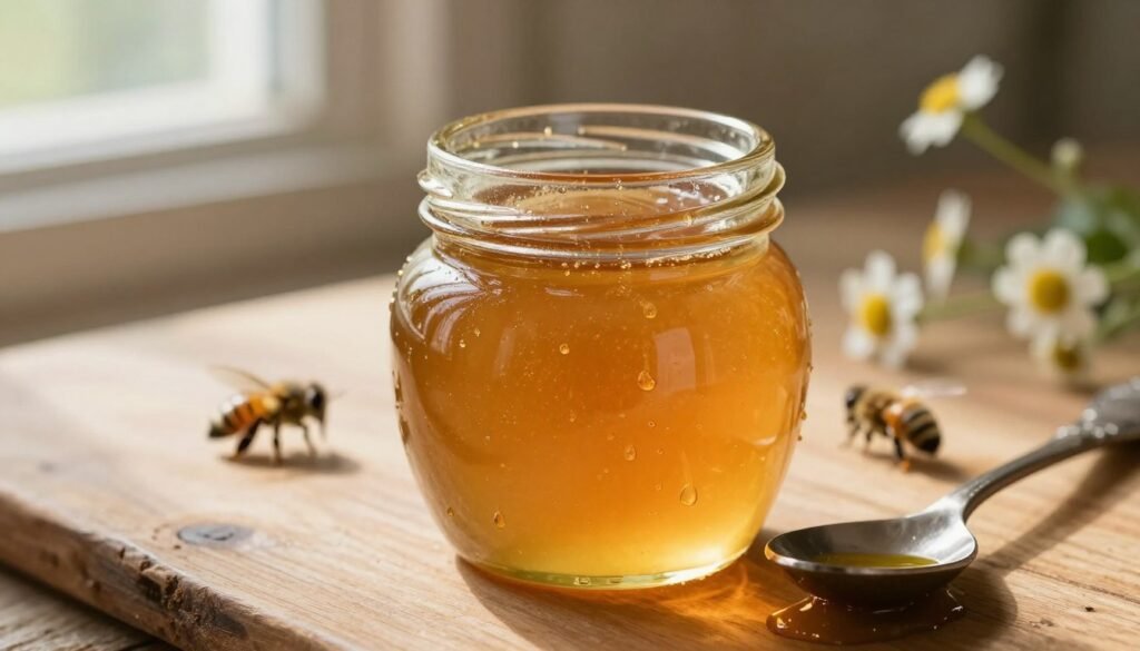 A close-up view of a honey jar with a spoon resting beside it, glistening with honey droplets to symbolize moisture. In the foreground, the jar showcases a rich golden hue, with the swirling texture of the honey visible. The middle ground features a wooden table, imparting a natural, rustic feel, and a few honey bees are gently resting around the jar. The background includes softly blurred wildflowers, enhancing the organic atmosphere. Soft, natural light streams in from a nearby window, illuminating the scene and creating a warm, inviting mood. This image should evoke a sense of purity and the importance of testing moisture content in honey.