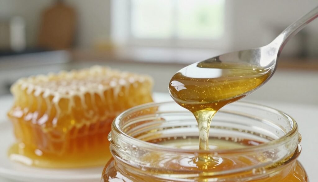 A close-up view of a honey jar with droplets of golden honey glistening on the edge, reflecting light. The foreground features a spoon partially dipped in the jar, with honey dripping gracefully from it. In the middle, a scattering of raw honeycomb is artistically placed, showcasing the natural texture and color variations. The background includes a blurred kitchen setting with soft natural light pouring in from a window, creating a warm and inviting atmosphere. The overall mood is tranquil and informative, suitable for a scientific exploration of honey moisture content. Emphasize clarity and detail in the textures of the honey and surroundings, with a slight depth of field effect to draw attention to the honey itself.