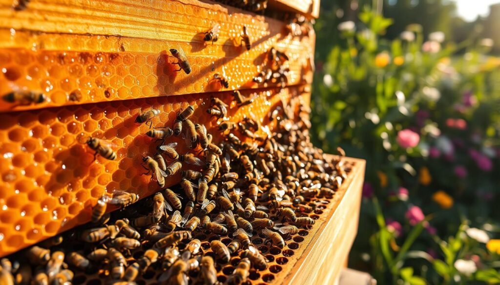 A close-up view of a honey super hive, featuring well-structured wooden frames filled with glistening honeycomb and bees actively foraging. In the foreground, capture the intricate details of bees working together, showcasing their fuzzy bodies and delicate wings. The middle ground should display several honey supers stacked, reflecting sunlight and casting soft shadows. In the background, suggest a lush garden with flowering plants, creating an inviting and vibrant atmosphere. The scene should be bathed in warm, golden afternoon light to evoke a sense of harmony and productivity. Use a slight upwards angle to enhance the hive's prominence, focusing on the activity of the bees, conveying a message of collaboration and nature's bounty.