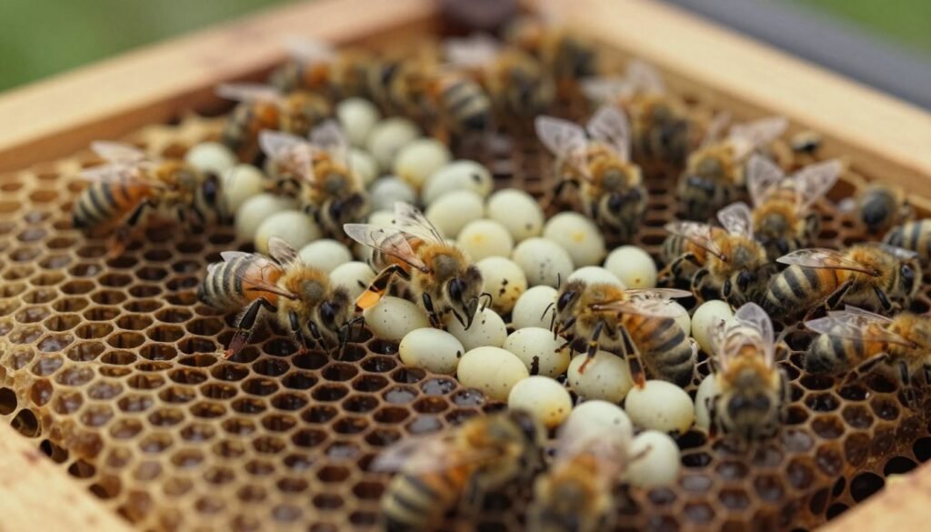 A close-up view of a honeybee brood comb, showcasing distinct hexagonal cells filled with eggs, larvae, and pupae in various stages of development. The foreground should feature the intricate details of the brood pattern, emphasizing the contrast between the dark, waxy comb and the creamy white larvae. In the middle ground, include bees tending to the brood, exhibiting behaviors like capping cells and feeding the larvae. The background should be softly blurred, hinting at the hive structure, with warm, natural lighting to create an inviting atmosphere. Capture the image from a slightly elevated angle to provide a comprehensive view of the brood pattern, emphasizing the health and organization of the hive.