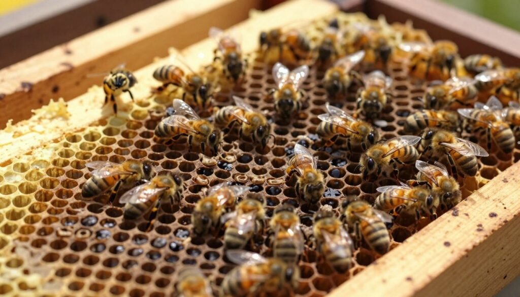 A close-up view of a honeybee brood frame displaying both healthy and diseased brood patterns. In the foreground, focus on the irregularly shaped, sunken brood cells indicative of brood disease, contrasted against healthy, plump worker bee larvae, all set within the wax cells of a wooden hive frame. The middle ground highlights bees actively tending to the brood, showing their behavior towards the sick cells, capturing their natural urgency and concern. In the background, a softly lit hive interior with shadows enhancing details in the wax and frames. Use warm, natural lighting to create an informative and clinical atmosphere, emphasizing the urgency in recognizing brood disease without any text.