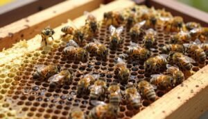 A close-up view of a honeybee brood frame displaying both healthy and diseased brood patterns