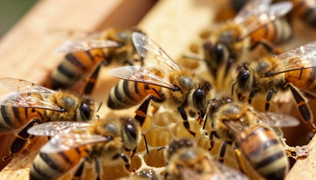 A close-up view of a honeybee colony, focusing on several attendant bees gently surrounding a newly introduced queen bee. The foreground reveals the intricate details of the bees' fuzzy bodies and delicate wings, capturing the softness of their golden and black fur. In the middle ground, the queen bee stands out with her elongated form and distinct, glossy appearance, emphasized by a soft glowing light, creating an atmosphere of reverence and acceptance. The background features a wooden hive, slightly blurred, with gentle honeycomb patterns visible, underscoring the natural environment. The lighting is warm and natural, reminiscent of a sunny day, casting soft shadows that enhance the scene's depth and the sense of calm and unity among the bees, symbolizing their collaborative role in the colony. A close-up view of a honeybee colony, focusing on several attendant bees gently surrounding a newly introduced queen bee. The foreground reveals the intricate details of the bees' fuzzy bodies and delicate wings, capturing the softness of their golden and black fur. In the middle ground, the queen bee stands out with her elongated form and distinct, glossy appearance, emphasized by a soft glowing light, creating an atmosphere of reverence and acceptance. The background features a wooden hive, slightly blurred, with gentle honeycomb patterns visible, underscoring the natural environment. The lighting is warm and natural, reminiscent of a sunny day, casting soft shadows that enhance the scene's depth and the sense of calm and unity among the bees, symbolizing their collaborative role in the colony.