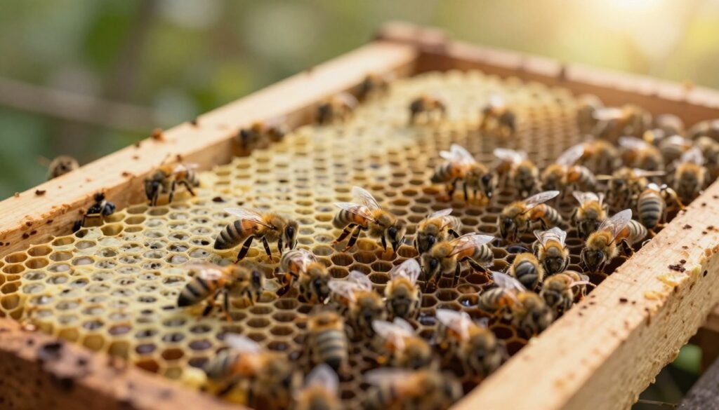 A close-up view of a honeybee colony, focusing on the brood pattern within the hive. The foreground features individual bees tending to cells filled with varying stages of larvae and capped brood, showcasing a mix of healthy and patchy patterns. In the middle ground, the hive frames are slightly out of focus, highlighting the structure of the honeycomb and the activity of worker bees. The background displays a softly blurred natural setting, with gentle sunlight filtering through leaves, casting a warm glow over the scene. The angle is slightly tilted to capture the depth of the hive, conveying a sense of careful observation and monitoring. The mood is calm and focused, reflecting the attentive care necessary for understanding the changes in the brood pattern post-queen change. A close-up view of a honeybee colony, focusing on the brood pattern within the hive. The foreground features individual bees tending to cells filled with varying stages of larvae and capped brood, showcasing a mix of healthy and patchy patterns. In the middle ground, the hive frames are slightly out of focus, highlighting the structure of the honeycomb and the activity of worker bees. The background displays a softly blurred natural setting, with gentle sunlight filtering through leaves, casting a warm glow over the scene. The angle is slightly tilted to capture the depth of the hive, conveying a sense of careful observation and monitoring. The mood is calm and focused, reflecting the attentive care necessary for understanding the changes in the brood pattern post-queen change.