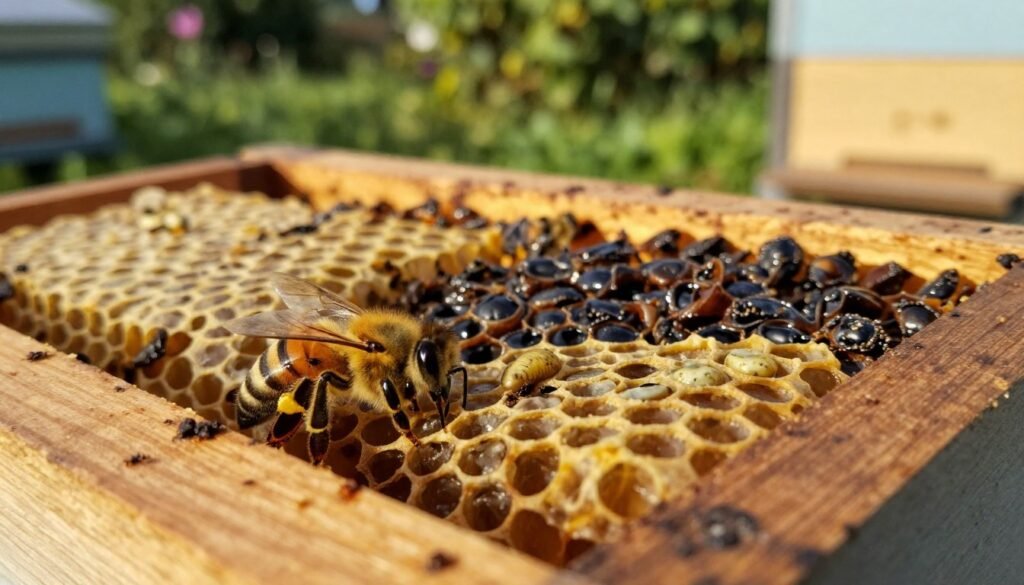 A close-up view of a honeybee colony nestled within a wooden hive, showcasing signs of notifiable brood disease. In the foreground, focus on a worker bee exhibiting unusual behavior, with discolored larvae visible in the honeycomb cells nearby. The middle ground features a partially opened hive, revealing darkened, unhealthy brood, contrasting with healthy sections of honeycomb. The background consists of a lush garden setting, softly blurred to emphasize the foreground details. The lighting is warm and natural, simulating late afternoon sun, enhancing the mood of concern and urgency. The image captures a sense of meticulous observation, inviting the viewer to learn about the critical symptoms of bee diseases.