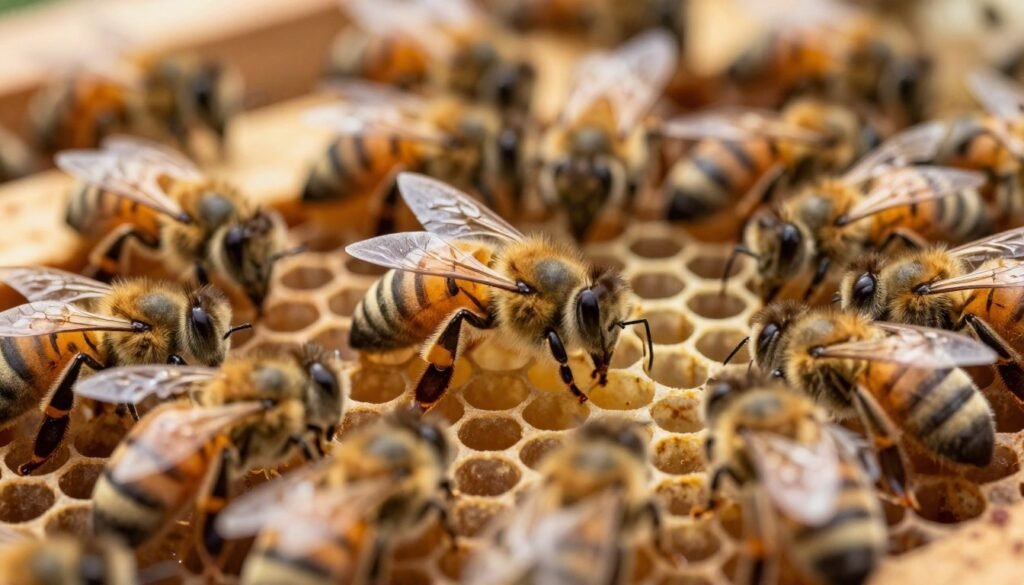 A close-up view of a honeybee colony, showcasing a drone laying queen surrounded by distinguishable laying worker bees. In the foreground, highlight the queen with a distinct elongated abdomen, her regal stature apparent as she gently moves among the smaller workers which are noticeably thicker and appear on the lower sides. The middle ground features intricate hexagonal honeycomb cells filled with eggs and larvae, providing context to their roles. The background should be softly blurred to emphasize the main subjects while revealing hints of the hive's interior. Natural lighting filters through small gaps, creating a warm, inviting atmosphere. Capture this scene with a shallow depth of field, focusing sharply on the queen and workers while softly blurring the background for a professional and educational feel.