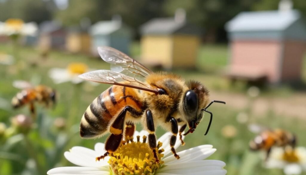 A close-up view of a honeybee displaying signs of chronic bee paralysis, situated in the foreground. The bee should have visibly trembled wings and an overall weakened appearance, illustrating the impact of the virus. In the middle ground, include a lush flower garden with other healthy bees for a stark contrast. The background features a softly blurred, sunlit apiary, providing a warm and natural setting that evokes the bees' habitat. Use soft, diffused lighting to create a calm yet somber mood, highlighting the bee’s condition. Aim for a macro lens perspective to emphasize the intricate details of the bee, focusing on its eyes and wings, showcasing the fragility of life in nature.