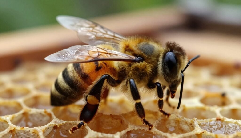 A close-up view of a honeybee exhibiting deformities caused by the Deformed Wing Virus. The foreground focuses on the bee, highlighting its misshapen, crumpled wings, with detailed textures and markings on its body. The middle layer features delicate honeycomb patterns gently blurred, hinting at the hive environment. In the background, soft, natural lighting filters through a garden, creating a warm, slightly somber atmosphere that reflects the impact of the virus on bee health. Use a macro lens perspective to bring forward the details of the bee's wings and body, while maintaining an elegantly soft-focus on the surrounding elements. The overall mood conveys the fragility of the bee's condition, underscoring its struggle against the virus.