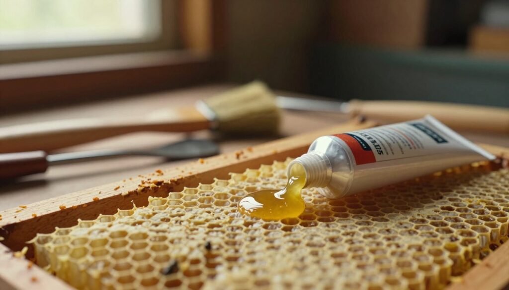 A close-up view of a honeybee frame, prominently featuring a tube of high-quality glue positioned on the foreground, with a honeycomb structure partially assembled and drying. The focus should be on the glue, highlighting its thick, viscous texture as it oozes slightly out of the tube. In the middle ground, show scattered wooden beekeeping tools, like a hive tool and brush, with a few random pieces of equipment waiting to be assembled or repaired. In the background, softly blurred out, there should be hints of a rustic beekeeping workshop, with warm, ambient lighting streaming through a window, creating a cozy and industrious atmosphere. The mood should be one of careful craftsmanship and the essential bond between equipment and longevity in beekeeping.
