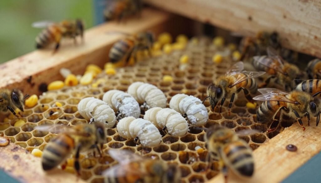 A close-up view of a honeybee hive, focusing on a section where chalkbrood is evident. In the foreground, several infected larvae display the characteristic white, moldy appearance, surrounded by healthy bees busily attending to their duties. The middle ground reveals the intricate structure of the hive, showcasing hexagonal cells filled with pollen and brood. The background features soft, natural lighting filtering through the hive entrance, casting gentle shadows that enhance the eerie yet fascinating atmosphere of the scene. Capture this from a slightly angled perspective to emphasize the depth and structure of the hive. The overall mood should convey a mix of concern and curiosity, highlighting the signs of chalkbrood amidst a bustling bee colony.