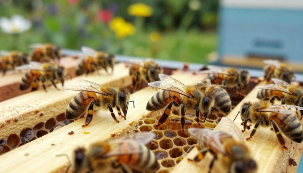 A close-up view of a honeybee hive, focusing on the intricate details of bee activity surrounding the frames. Bees are actively foraging and caring for larvae, while some workers exhibit behaviors indicative of mite resistance, such as grooming and defensive postures. In the foreground, capture a bee lifting its leg, removing a Varroa mite, with a soft, diffused natural light illuminating its form. In the middle ground, show several bees clustered around a frame, showcasing healthy brood patterns and signs of vitality. The background features a blurred garden setting with vibrant flowers and greenery, hinting at an ideal environment for the hive. The scene conveys a hopeful and industrious atmosphere, emphasizing resilience and natural harmony.