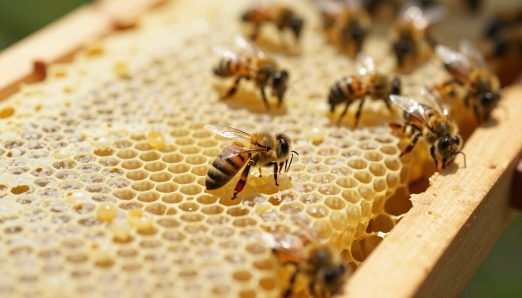 A close-up view of a honeybee hive frame, showcasing a clear section with two distinct types of eggs: elongated queen eggs and round worker eggs, each nestled in individual cells. The foreground highlights the texture of the beeswax cells, showing their intricate structure and natural yellow hues. In the middle, a few worker bees can be seen tending to the eggs, their focus evident as they work diligently. The background is softly blurred to convey the bustling activity of the hive while keeping the focus sharp on the eggs. Warm, natural lighting filters in, imitating sunlight, creating a serene yet lively atmosphere typical of a healthy hive. The angle is slightly tilted to offer a dynamic perspective, emphasizing the relationship between the eggs and the worker bees.