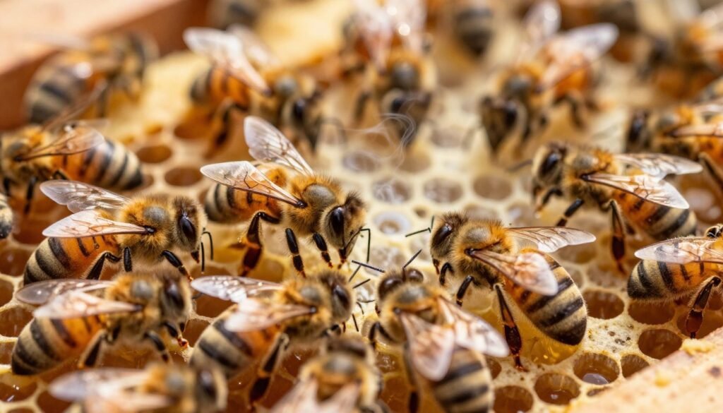 A close-up view of a honeybee hive interior, featuring bees clustered around the queen cell, with visual emphasis on the emission of pheromones. The foreground showcases vibrant bees with delicate wings and intricate body patterns, actively interacting and communicating. In the middle ground, honeycomb cells filled with honey and larvae create a detailed scene, while faint wisps of pheromone trails are depicted as a shimmering, ethereal glow around the bees. The background displays the warm, softened light filtering through the hive’s natural openings, casting an inviting golden hue. The overall mood is one of harmonious activity and stability, capturing the essence of the hive's complex social structure. Use a macro lens perspective to enhance detail and vivid colors, avoiding any text or overlays for a clean presentation.