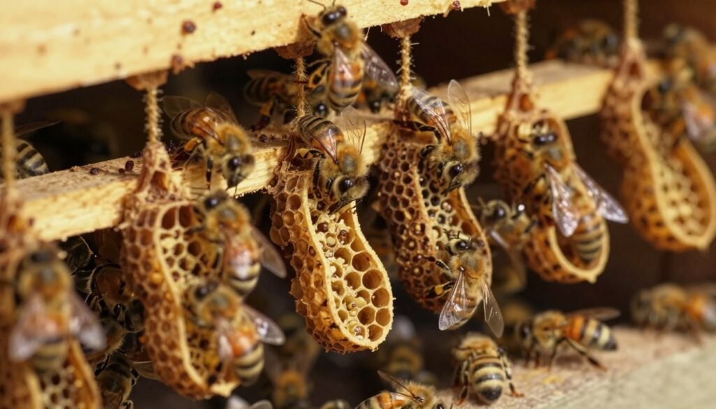 A close-up view of a honeybee hive showcasing several distinct queen cups, suspended from the inner walls of the hive. The foreground focuses on the intricate detail of the queen cups, which are elongated, peanut-shaped structures filled with larvae and surrounded by worker bees. The midground highlights the busy activity of bees caring for the queen cups, emphasizing their role in the colony's dynamics. In the background, the interior of the hive is dimly lit, with soft golden light filtering through, creating a warm, inviting glow. The atmosphere is one of industriousness and community, filled with a sense of life and organization in the natural world. The scene is captured from a slightly angled perspective, mimicking a human observer's viewpoint.