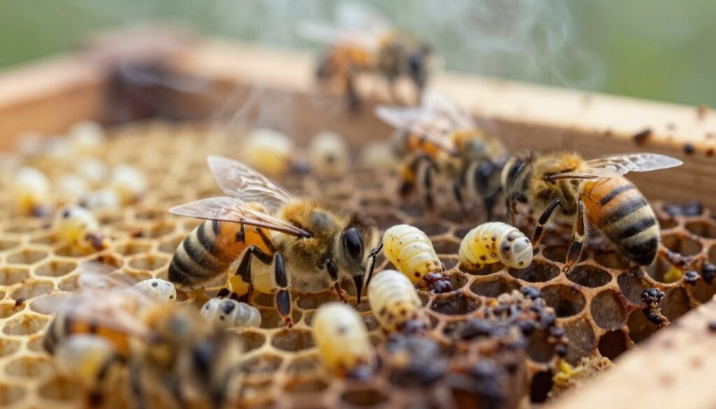 A close-up view of a honeybee hive showing distinct symptoms of larvae issues. In the foreground, focus on several larvae at different stages, some displaying signs of sacbrood disease with a translucent appearance and a yellowish hue. In the midground, illustrate damaged wax cells, highlighting the irregular shapes and darkened edges typical of chilled brood. The background should depict the hive structure, with soft natural light filtering through a slight veil of smoke, creating a calm yet concerning atmosphere. Use a macro lens effect to emphasize details, capturing the texture and coloration of the brood and hive elements. Aim for a balanced composition that conveys the urgency in identifying these conditions in the apiary.