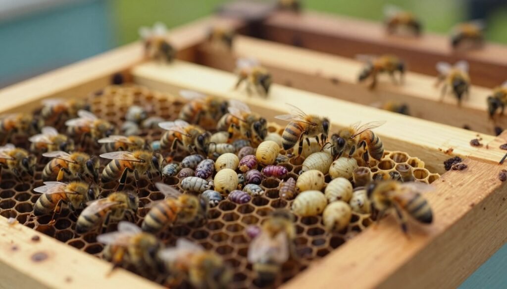 A close-up view of a honeybee hive with a focus on a brood frame, highlighting a variety of brood diseases. In the foreground, display a detailed section of the brood cells, showcasing irregularly shaped larvae and discolored pupae indicating disease. The middle ground features the bees clustered around the affected areas, some displaying signs of distress, while healthy bees are working on other frames. The background should show the hive structure, slightly blurred, to emphasize the foreground disease symptoms. Use soft, natural lighting to depict the warm atmosphere of the hive. The lens perspective should create a sense of immersion, drawing the viewer’s attention to the issues facing the brood, while maintaining a clinical and educational tone for the audience. A close-up view of a honeybee hive with a focus on a brood frame, highlighting a variety of brood diseases. In the foreground, display a detailed section of the brood cells, showcasing irregularly shaped larvae and discolored pupae indicating disease. The middle ground features the bees clustered around the affected areas, some displaying signs of distress, while healthy bees are working on other frames. The background should show the hive structure, slightly blurred, to emphasize the foreground disease symptoms. Use soft, natural lighting to depict the warm atmosphere of the hive. The lens perspective should create a sense of immersion, drawing the viewer’s attention to the issues facing the brood, while maintaining a clinical and educational tone for the audience.