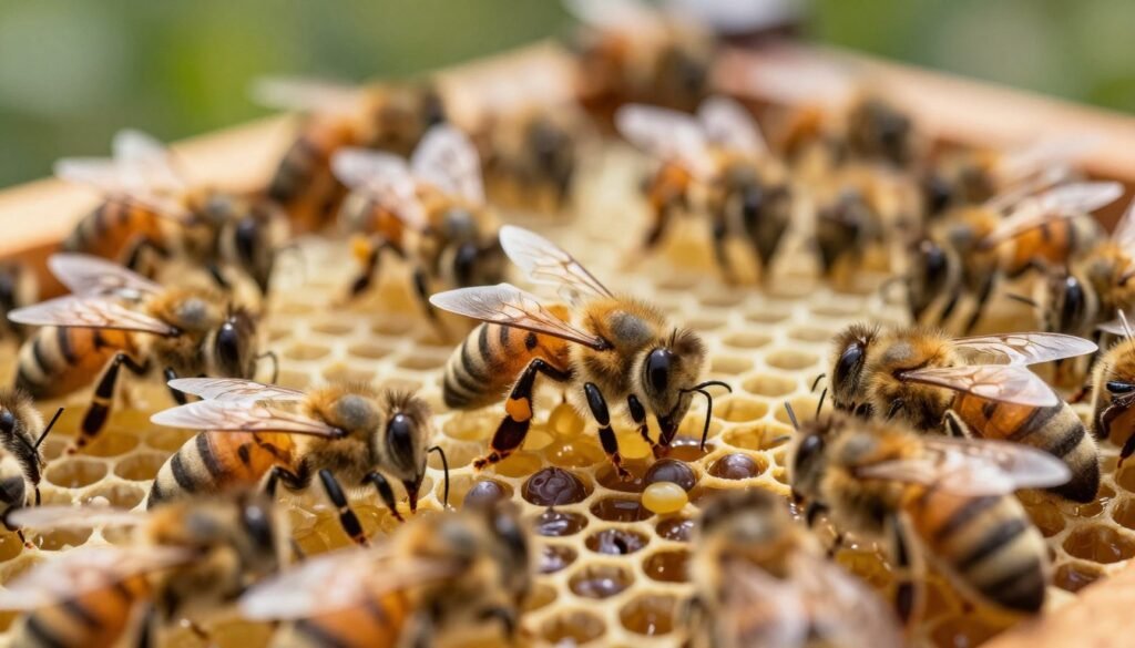 A close-up view of a honeybee hive with a vibrant, bustling colony at work. In the foreground, focus on a laying queen bee, her elongated abdomen visible as she deposits eggs into honeycomb cells surrounded by worker bees. The bees are in warm shades of amber and brown, showcasing their delicate wings glistening under soft, natural light. In the middle ground, illustrate the intricate honeycomb structure, displaying golden honey and larval cells in varying stages of development. The background features a blurred, green landscape to convey a lively outdoor environment. Capture a serene yet industrious atmosphere, emphasizing the importance of the laying queen in the hive's lifecycle. The image is well-lit to highlight the details with a shallow depth of field, creating a crisp focus on the queen and her activity.