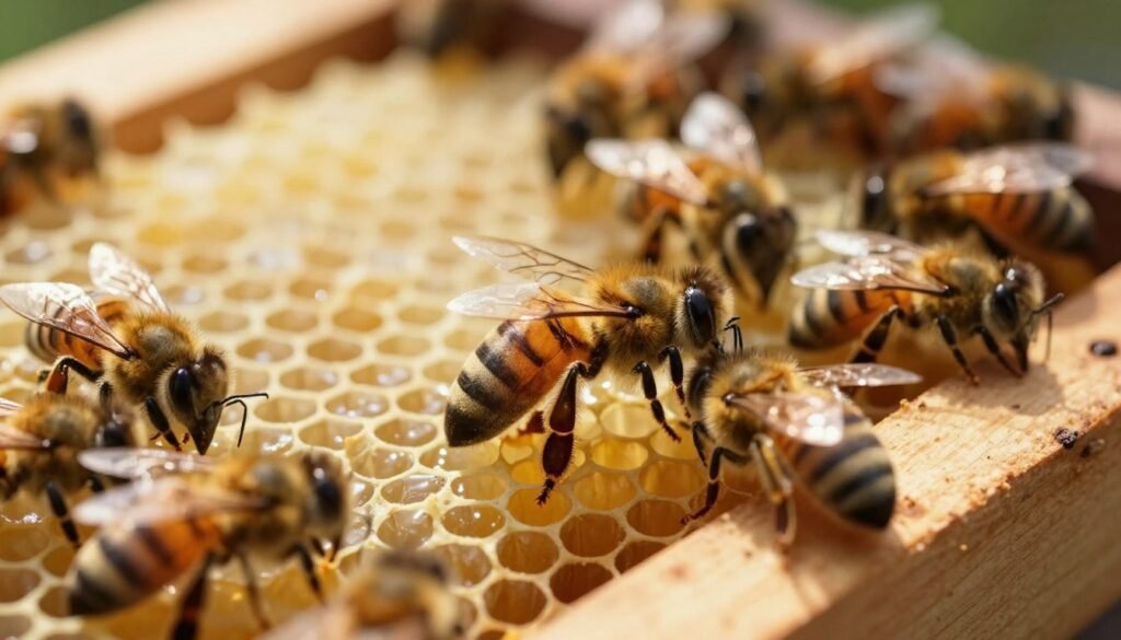 A close-up view of a honeybee queen laying eggs within a naturally styled beehive frame, showcasing her distinct elongated body and shiny abdomen. The foreground features the queen surrounded by worker bees gently attending to her, emphasizing their cooperative behavior. In the middle ground, intricately detailed honeycomb cells can be seen, filled with eggs and luminous yellow bee wax. The background illustrates a warm, sunlit hive environment with beams of soft golden light filtering through, creating a serene and vibrant atmosphere. Capture this scene at a shallow depth of field to highlight the queen and her immediate surroundings while softly blurring the background. Aim for a natural color palette with rich amber and earthy tones to invoke a sense of harmony in the beehive ecosystem.