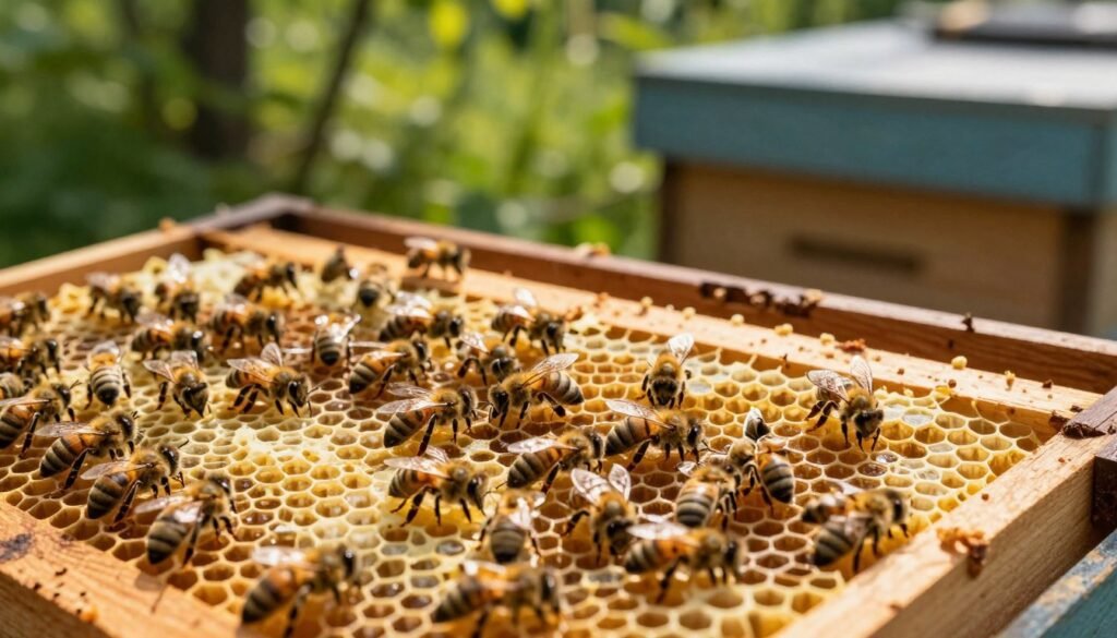 A close-up view of a honeycomb frame being built by bees in a well-lit apiary. The foreground features bees diligently working together to build their hexagonal wax structures, showcasing intricate details of their tiny bodies and the golden honeycomb glistening under soft sunlight. In the middle ground, a wooden hive with a slightly open lid reveals more frames, hinting at the bustling activity inside. The background displays lush green foliage, with trees softly blurred to create a bokeh effect, enhancing the vibrant colors of the scene. The lighting is warm and inviting, creating an atmosphere of productivity and harmony in nature. The angle captures the hive from slightly above, emphasizing the busy nature of the bees without overwhelming the image with clutter. A close-up view of a honeycomb frame being built by bees in a well-lit apiary. The foreground features bees diligently working together to build their hexagonal wax structures, showcasing intricate details of their tiny bodies and the golden honeycomb glistening under soft sunlight. In the middle ground, a wooden hive with a slightly open lid reveals more frames, hinting at the bustling activity inside. The background displays lush green foliage, with trees softly blurred to create a bokeh effect, enhancing the vibrant colors of the scene. The lighting is warm and inviting, creating an atmosphere of productivity and harmony in nature. The angle captures the hive from slightly above, emphasizing the busy nature of the bees without overwhelming the image with clutter.