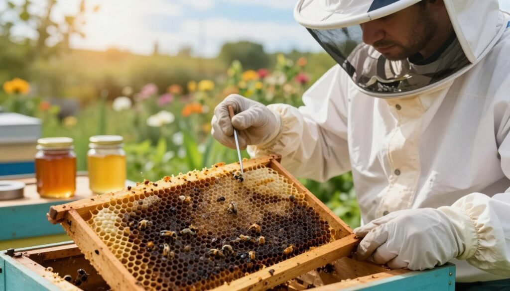 A close-up view of a honeycomb frame being examined by a professional beekeeper in protective gear, focusing on signs of American foulbrood. The foreground features detailed cells with darkened, sunken brood, showing the devastating effects of the disease. The beekeeper examines the frame with a tool, wearing a white bee suit and veil, their hands gloved and steady. In the middle ground, jars of honey and beekeeping equipment are subtly present, suggesting a working apiary. The background shows a lush garden with blooming flowers and a soft blue sky, diffusing warm sunlight to create a hopeful atmosphere. The image captures a blend of concern and determination in the fight against this apiary disease.