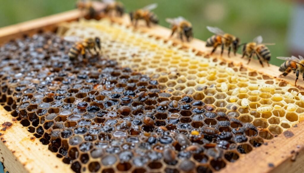 A close-up view of a honeycomb frame displaying distinct signs of brood disease, emphasizing the slimy appearance of infected larvae. In the foreground, highlight the wet, discolored brood cells with shades of dark brown and black, showcasing their unhealthy, deformed shapes. In the middle ground, include healthy brood cells for comparison, with bright, golden-yellow larvae. In the background, softly blurred bees interacting with the frame, maintaining a sense of depth. Use natural, diffused daylight coming from one side to illuminate the scene, capturing textures of the wax and the shiny, slimy surfaces. The overall mood should be informative yet slightly somber, reflecting the seriousness of identifying brood diseases in a hive.