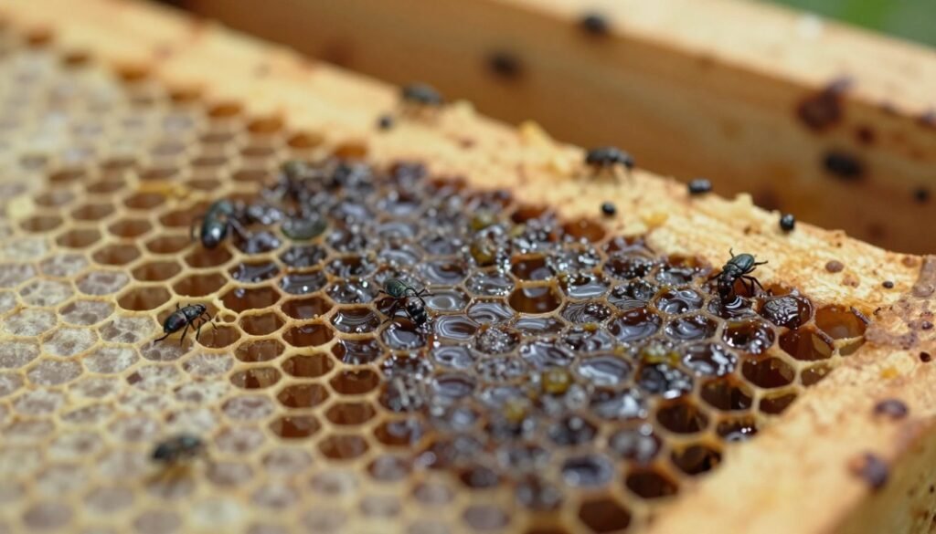 A close-up view of a honeycomb frame infested with small hive beetle slime, showcasing the viscous, dark, and shiny texture of the slime. In the foreground, focus on a section of the honeycomb where the slime has pooled, demonstrating its gelatinous consistency against the golden honey cells. In the middle ground, include subtle details of small hive beetles crawling amongst the cells, emphasizing their size and shape for recognition. The background should feature a blurred beehive interior to suggest a natural setting, with soft, warm lighting to create an inviting yet slightly concerning atmosphere. Capture this scene with a slightly tilted angle to add depth, making sure no human subjects or text are present.