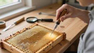 A close-up view of a honeycomb frame on a wooden workbench, emphasizing the intricate wax cells and their detailed textures