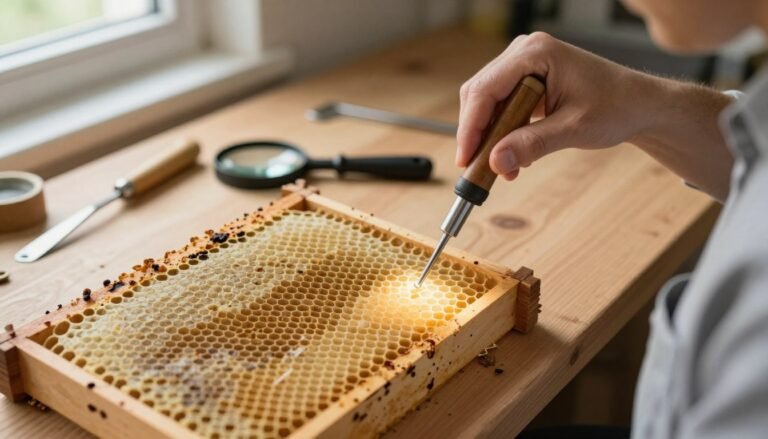 A close-up view of a honeycomb frame on a wooden workbench, emphasizing the intricate wax cells and their detailed textures