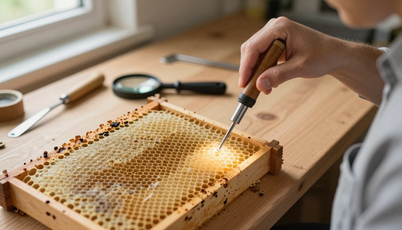 Beeswax on a wooden workbench, a common complementary ingredient added alongside honey in handmade soap