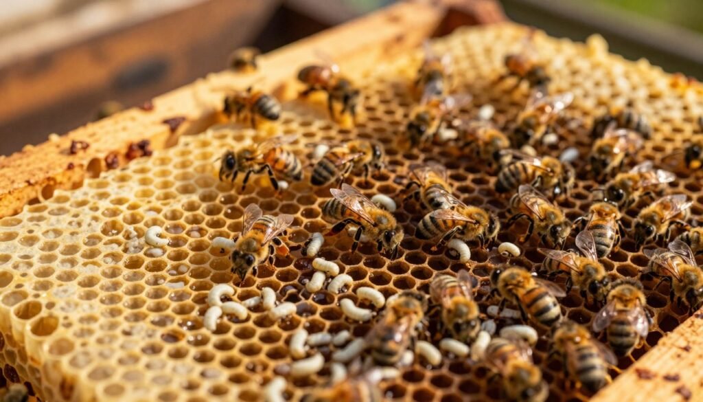 A close-up view of a honeycomb frame showcasing a brood pattern, displaying distinct areas of capped and uncapped cells filled with developing bee larvae. In the foreground, focus on the intricate hexagonal wax cells embellished with golden honey and the delicate white larvae curled inside. The middle ground features worker bees busily tending to the brood, exhibiting detailed textures in their fuzzy bodies and intricate wing patterns. In the background, softly blurred hive components suggest a warm, inviting beehive environment, rich in shades of brown and yellow. The lighting is warm and natural, emulating late afternoon sunlight filtering through, casting gentle shadows. The atmosphere is serene and bustling, conveying the importance of nurturing the hive, with an emphasis on the health of the queen bee.