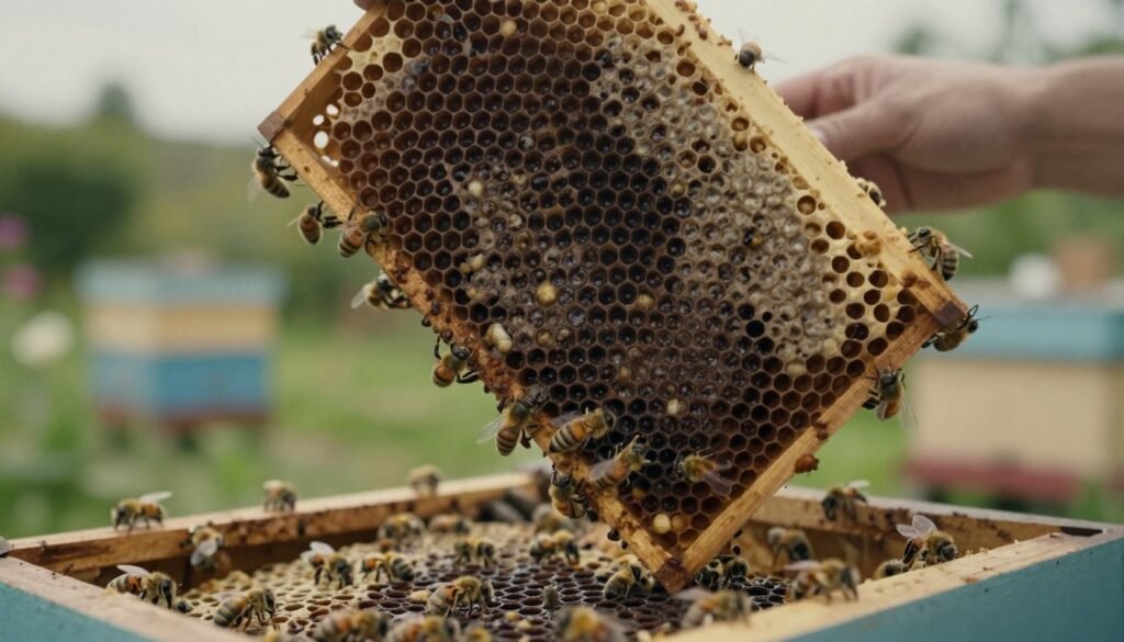 A close-up view of a honeycomb frame showing signs of American Foulbrood, highlighting the dark, sunken cells filled with a brownish liquid, some with dead larvae. The foreground features bees attempting to clean the infected cells, conveying distress and urgency. In the middle, a blurred image of an open beehive with scattered bees, emphasizing a chaotic scene. The background presents a soft-focus garden, suggesting a typical backyard apiary under overcast skies, creating a somber atmosphere. The lighting is soft and diffused, mimicking natural daylight, with a slight vignette effect to draw focus to the honeycomb. The overall mood is serious, reflecting the risks of disease in honey colonies without depicting human subjects. A close-up view of a honeycomb frame showing signs of American Foulbrood, highlighting the dark, sunken cells filled with a brownish liquid, some with dead larvae. The foreground features bees attempting to clean the infected cells, conveying distress and urgency. In the middle, a blurred image of an open beehive with scattered bees, emphasizing a chaotic scene. The background presents a soft-focus garden, suggesting a typical backyard apiary under overcast skies, creating a somber atmosphere. The lighting is soft and diffused, mimicking natural daylight, with a slight vignette effect to draw focus to the honeycomb. The overall mood is serious, reflecting the risks of disease in honey colonies without depicting human subjects.