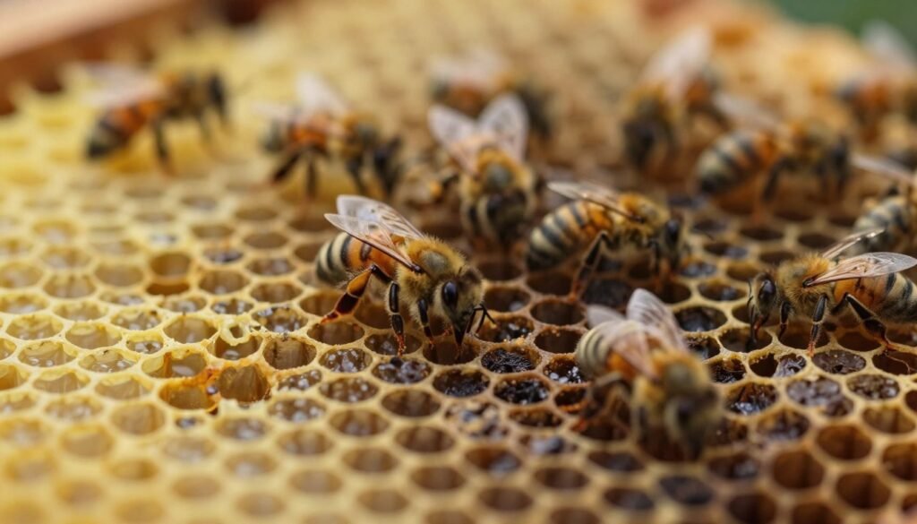 A close-up view of a honeycomb structure showcasing irregular brood patterns, with some cells empty or filled with malformed larvae, highlighting signs of possible queen pheromone failure. In the foreground, focus on several hexagonal cells with bright, vibrant colors of beeswax, contrasting with darker areas indicating distress. The middle ground features a few worker bees exhibiting erratic behavior, symbolizing disruption in hive harmony. In the background, a softly blurred hive environment with warm, gentle lighting encapsulates an atmosphere of unease and alertness. Use a macro lens effect to emphasize details, capturing the interaction between the bees and brood patterns, with a focus on texture and color. The overall mood should evoke a sense of urgency and concern, reflecting the significance of early signs of pheromone failure.
