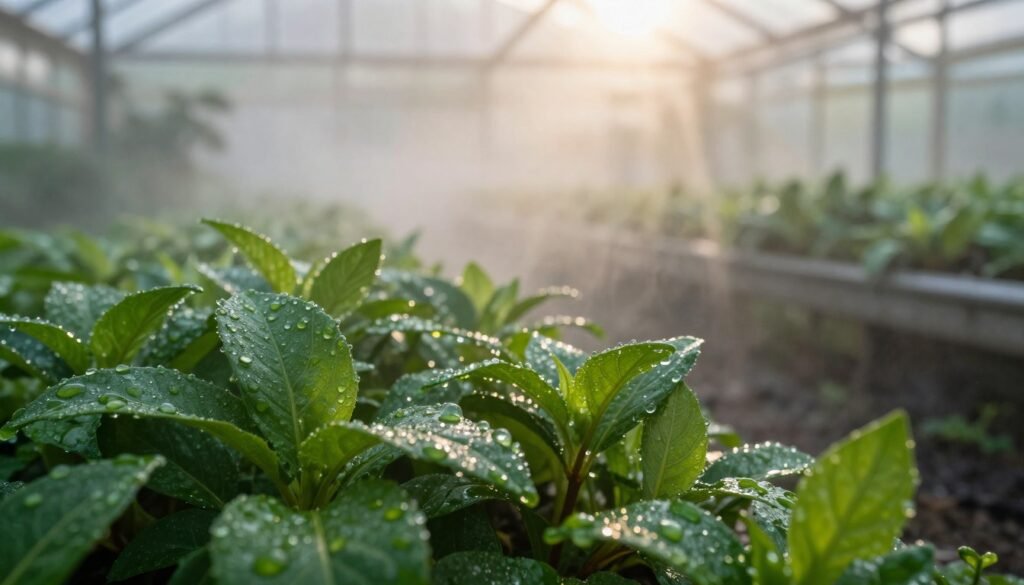 A close-up view of a humid environment, showcasing glistening droplets of water on green leaves, vividly representing moisture in the air. In the foreground, lush, dewy vegetation with intricate leaf textures reflects the light, emphasizing the humidity. In the middle ground, a soft mist hovers over the plants, creating a dreamy atmosphere that suggests warmth and moisture, enhanced by diffused sunlight breaking through clouds. In the background, a blurred outline of a garden or greenhouse with soft, natural light highlights the lushness associated with high humidity. The mood is serene yet slightly tense, hinting at the potential for mite infestations in such conditions. The focus is on the vibrant colors of the plants and the shimmering water droplets, with no human or distracting elements present. A close-up view of a humid environment, showcasing glistening droplets of water on green leaves, vividly representing moisture in the air. In the foreground, lush, dewy vegetation with intricate leaf textures reflects the light, emphasizing the humidity. In the middle ground, a soft mist hovers over the plants, creating a dreamy atmosphere that suggests warmth and moisture, enhanced by diffused sunlight breaking through clouds. In the background, a blurred outline of a garden or greenhouse with soft, natural light highlights the lushness associated with high humidity. The mood is serene yet slightly tense, hinting at the potential for mite infestations in such conditions. The focus is on the vibrant colors of the plants and the shimmering water droplets, with no human or distracting elements present.