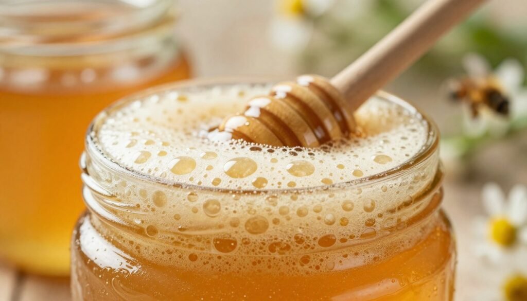 A close-up view of a jar filled with raw honey, showcasing an intriguing layer of golden foam on the surface, with tiny bubbles reflecting light. The foreground emphasizes the texture of the foam, highlighting its creamy consistency and delicate air pockets. In the middle ground, the honey contrasts beautifully with a wooden honey dipper partially immersed in the jar, symbolizing its natural origins. The background features soft, blurred out elements like wildflowers and bees, evoking a serene, natural setting. The lighting is warm and inviting, with soft sunlight filtering through, creating a gentle glow. The mood conveys purity and nature’s sweetness, illustrating the enchanting properties of honey and its foamy layer.